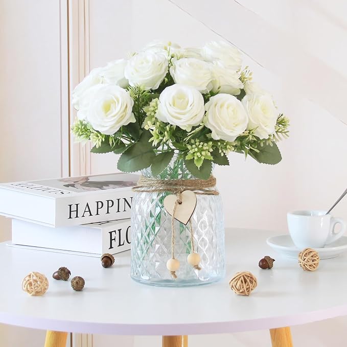 Fake Flowers in Vase,Fake Flowers with Vase 18 Pcs Faux Rose Flowers,Artificial Flowers for Home Decor, Indoor Centerpiece for Living Room & Dining Table (White)