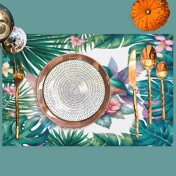 PVC Placemats Set of 4 Summer Palm Leaf Bird Wipeable Table Mats Washable Heat Resistant Non Slip Vinyl Dining Table Mat for Kithen Indoor Outdoor Patio Farmhouse Place Mats Decorative
