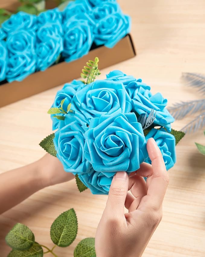 DuHouse 25Pcs Artificial Roses Flowers Fake Roses with Stems Real Touch Foam Flowers for DIY Wedding Bouquet Baby Shower Centerpiece Floral Arrangement Party Home Decor(Middle Blue)