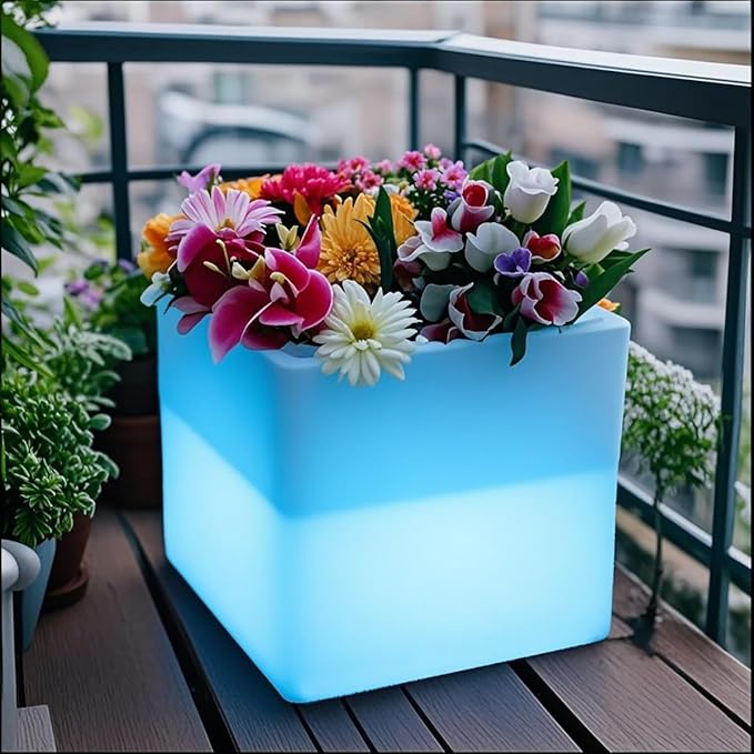 Mr.Go 16-inch LED Flower Pot Light w/Remote, 16 Color Changing Colorful Glowing Cube Flowerpot, Rechargeable Lighted Planter & Ice Bucket for Home Decor, Garden, Party, Wedding, Gifts
