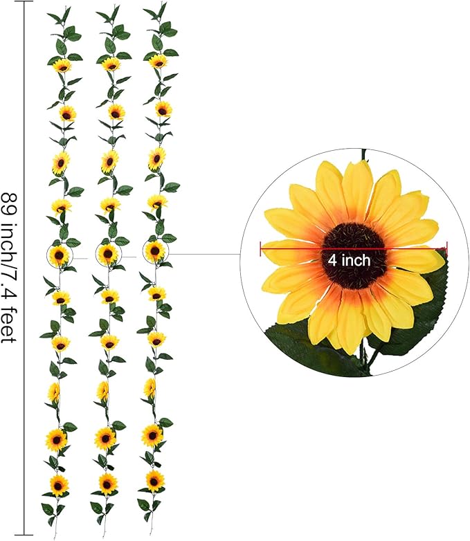 DearHouse 3 Pack Artificial Sunflower Garland Silk Sunflower Vine Artificial Flowers with Green Leaves for Wedding Table Home Decor