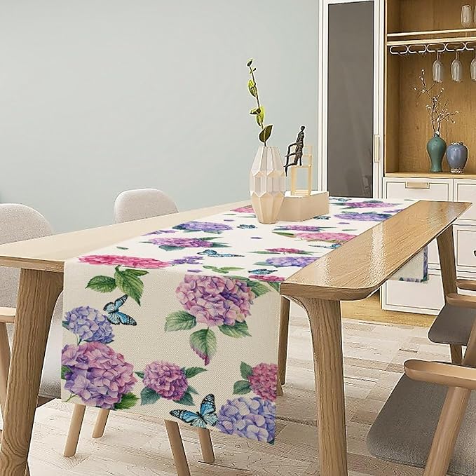 Hydrangea Table Runner, Spring Summer Watercolor Purple Floral Seasonal Country Farmhouse Coffee Coffee Table Center Decor for Home Kitchen Dining Patio Holiday Party Table Decorations 13x72 inches