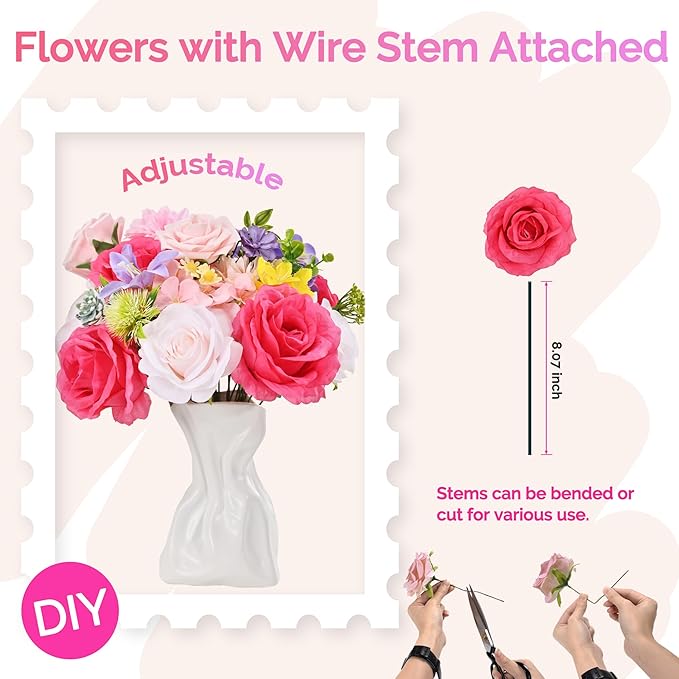Artificial Flowers, Fake Flowers, 30Pcs Silk Flowers with Stem for DIY Flower Box Wedding Bouquet Centerpieces Shower Party Floral Arrangement Décor (Rosa Red)