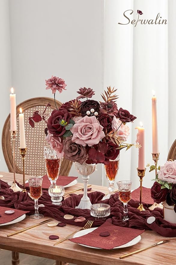 Serwalin Artificial Flowers Wedding Flowers, Fake Burgundy Flowers Pink Bridal Shower Centerpieces Silk Flower, Home Decor DIY