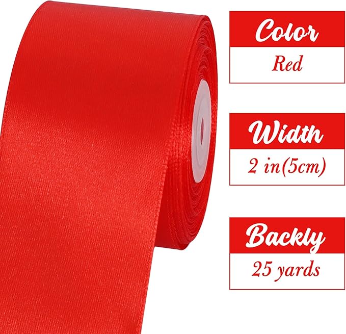 TONIFUL 2 Inch x 25 Yards Wide Red Satin Ribbon Solid Fabric Ribbon for Gift Wrapping Crafts Chair Sash Eternal Flower Invitation Cards Hair Bows Sewing Party Wedding Decoration