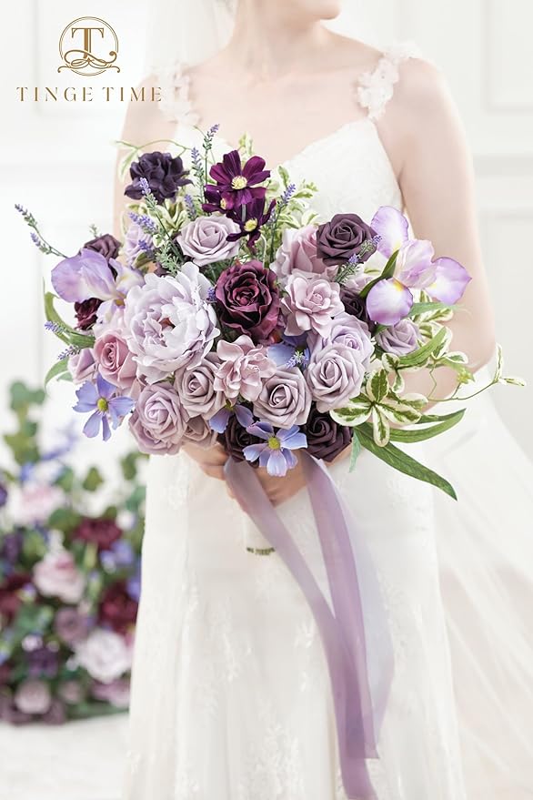 TINGE TIME 17 Inch Artificial Bridal Bouquet Realistic Silk Wedding Bouquet, Durable Fake Flowers for Brides, Bridesmaids, Home Decor, and Events (Lavender & Plum)
