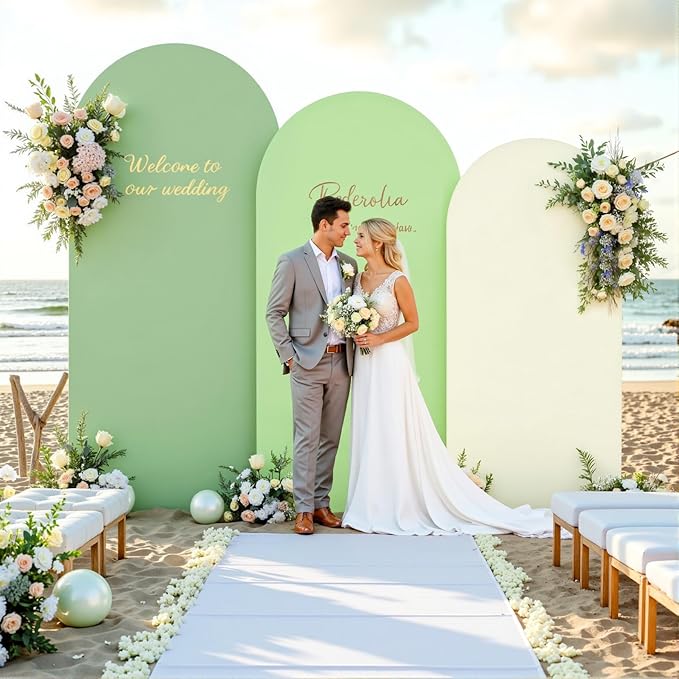 Boho Arch Backdrop Cover 8FT 7.2FT 6.6FT Stretchy Wedding Arch Covers Set of 3 Spandex Fitted Sage Green Light Green Cream Fabric Backdrop Cover for Party Baby Shower Birthday Decoration