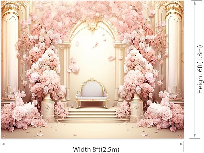 AOFOTO 8x6ft Wedding Backdrop Palace Hall Wall Spring Pink Flower Arch Background for Photography Bridal Shower Valentine's Day Prom Decoration Banner Girl Portrait Photo Booth Backdrop