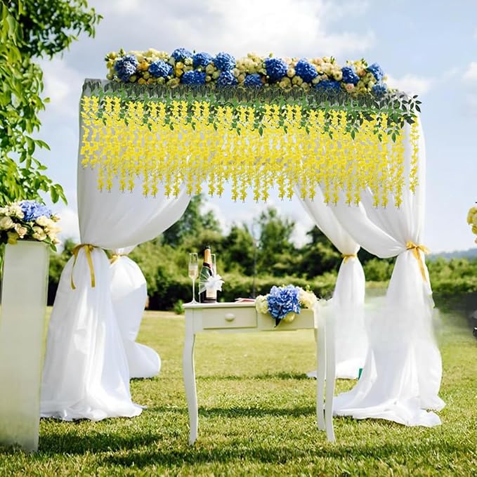 Artificial Wisteria Hanging Flowers Fake Wisteria Flower Garland Silk Vines Rattan Decor for Home Wedding Arch Wall Garden Greenery Bedroom Outdoor Office Party Decoration (12, Yellow)