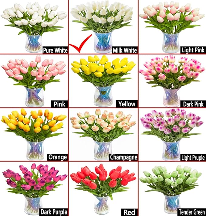 30pcs Artificial Tulips Flowers Real Touch Tulips Fake Holland PU Tulip Bouquet Latex Flower White Tulip for Wedding Party Office Home Kitchen Decoration (Milk White)