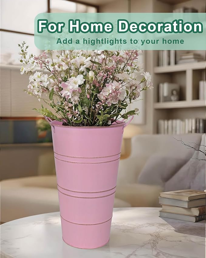 12 Inch Galvanized Metal Vases for Flowers - 2 Pcs Farmhouse Decorative Tall Flower Bucket with Handles, Rustic French Tin Planter Buckets for Wedding Decor (Pink)