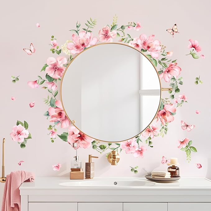 Pink Flower Wall Stickers, Spring Garden Floral Wall Decals 10 Sheets DIY Peel and Stick Wall Decal Self Adhesive Wall Art Decor for Bedroom Sofa Backdrop Cabinets Drawers