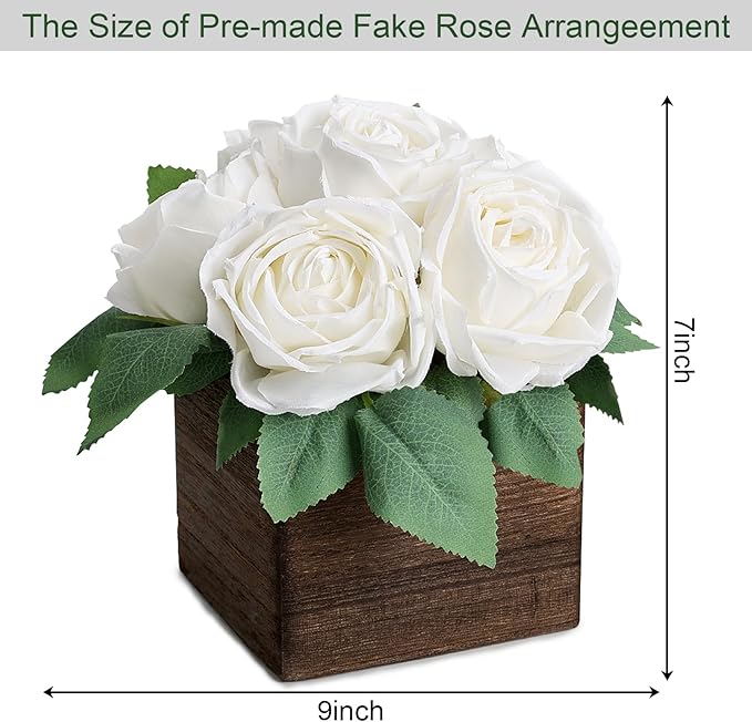 Dining Table Centerpiece Set of 3 - Pre-Made Aritifial Rose with Wooden Vase Fake Floral Arrangment Faux Flower for Wedding Bridal Tea Party Event Decorations - White