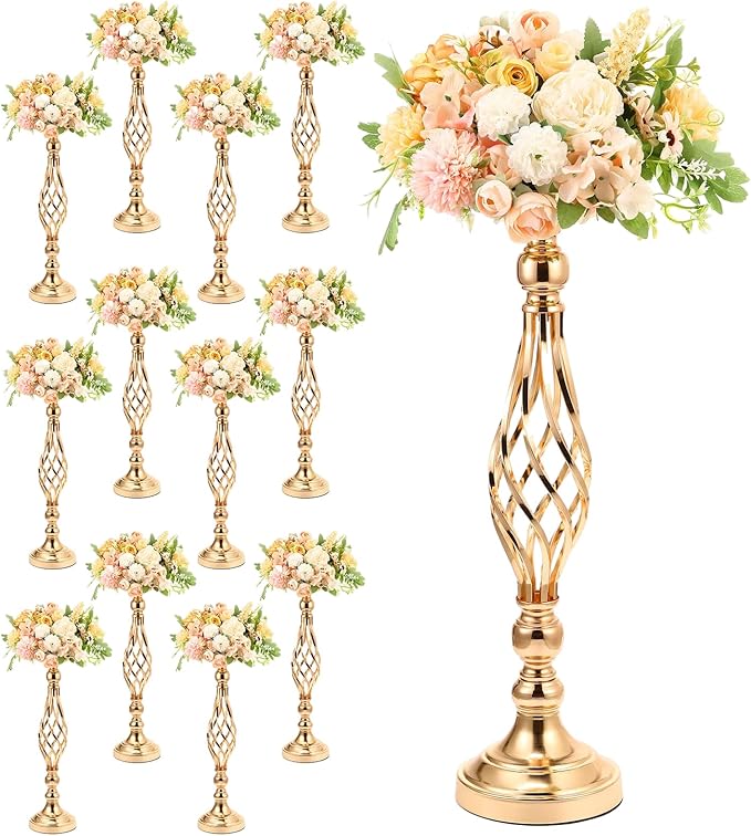 12Pcs Large Wedding Centerpiece Table Decorations Tall Metal Flower Arrangement Stand Elegant Flower Gold Vases for Centerpieces Candle Holder for Tables Wedding Party Ceremony Birthday Event Decor