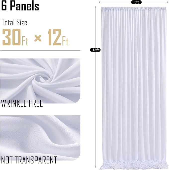 gogoparti 30x12 ft White Wrinkle-Free Backdrop Curtain for Weddings & Parties - 6 Panels (5x12 ft Each) for Birthday, Baby Shower, Halloween Photography Background