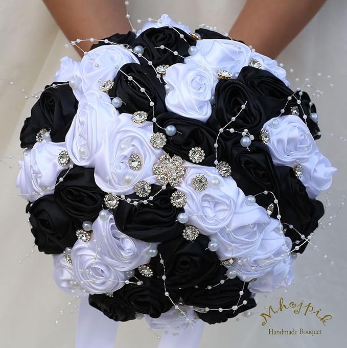 Bridal Wedding Bouquet Round Bling Brooch Bouquet Throw Toss Artificial Rose Flower Bunch for Bride Bridesmaid Wedding Quinceanera(White & Black, 8.7")