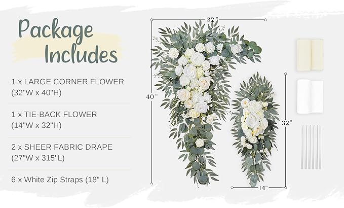 Wedding Arch Flowers with Drapes Kit (Pack of 4) - 2pcs Artificial Ivory & White Deluxe Swag with 2pcs Sheer Drapes for Wedding Ceremony Arbor Reception Backdrop Rose Floral Decoration