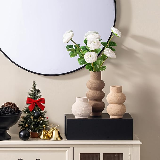 Ceramic Vase Home Table Decor - Flower Vase Set of 3 Living Room Kitchen Decorations Farmhouse Modern Rustic Vases Decorative Centerpiece for Shelf Bedroom Office Bathroom Dining Coffee Desk