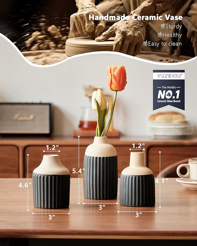 Black Decorative Vase Set of 3 - Modern Boho Style Ribbed Ceramic Bud Vases for Flowers, Mini Small Vases for Shelf, Shelves, Bookshelf, Entryway Table & Home Decor Aesthetic（Black）