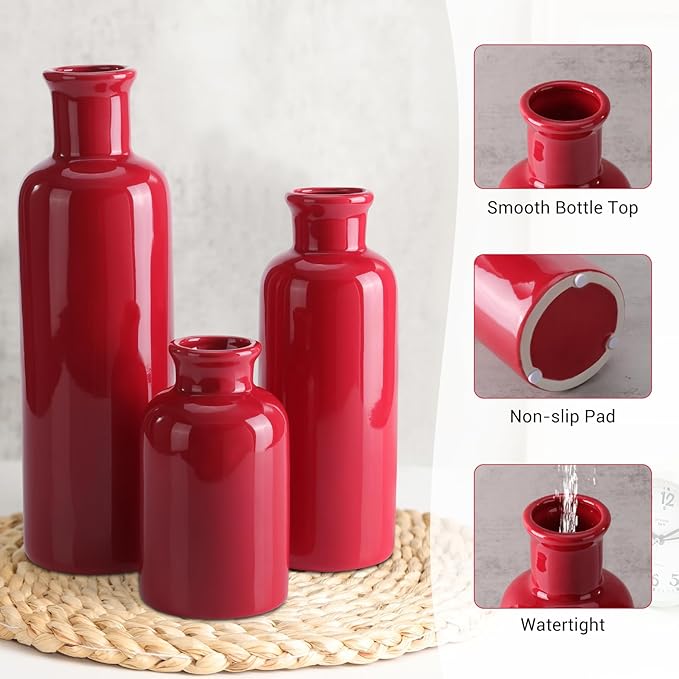 Small Ceramic Vase Set of 3, Boho Modern Flower Vase Room Decor, Farmhouse Decor, Vases for Your Kitchen, Bathroom, Bedroom, Living Room, Office&Shelf Centerpiece Table Decorations, Red