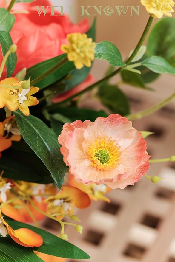 WELL KNOWN Silk Peony Mixed Wild Flower Bouquet in Vase, Artificial Flowers Arrangements Orange & Pink Fake Flowers with Vase for Home Living Room Wedding Party Dinning Table Fall Seasonal Decor