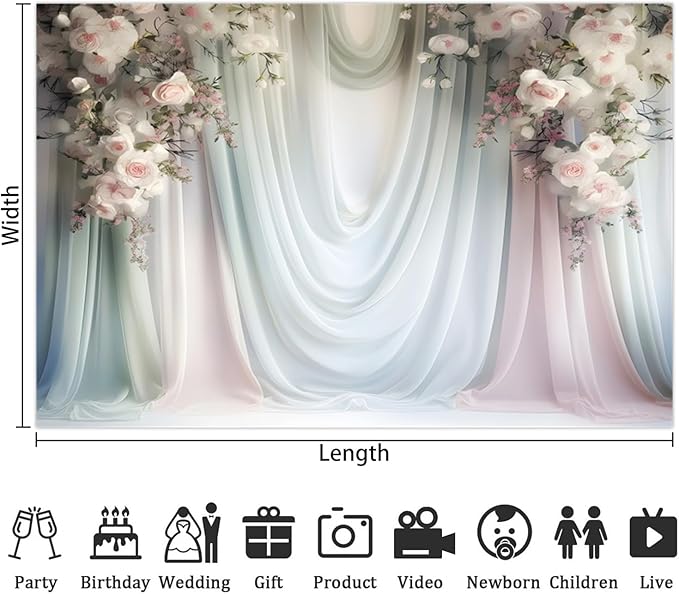 Leowefowa Floral Backdrop for Wedding Decor Pink Rose Flower White Curtain Wall Photography Background for Baby Shower Wedding Anniversary Ceremony Party Decorations Banner Studio Props 10x6.5ft Vinyl