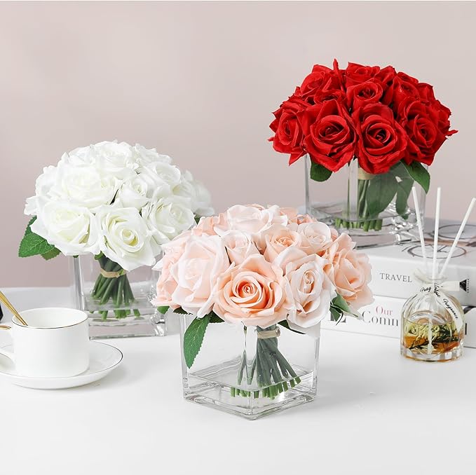 18 Heads Artificial Flowers in Vase with Fake Water, Faux Rose with Vase for Dining Table Bedroom Wedding Decor (Cream)