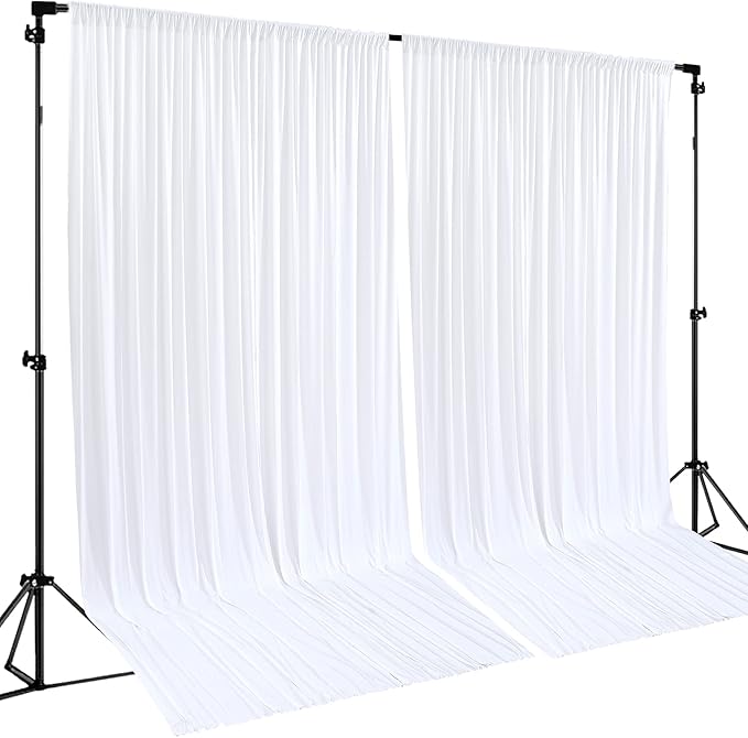White Backdrop Curtains 2 Panels, 10 Feet Wrinkle-Free Polyester Photography Backdrop Drapes for Wedding Baby Shower Party Background Backdrop Stand- 8FTX10FT (White)