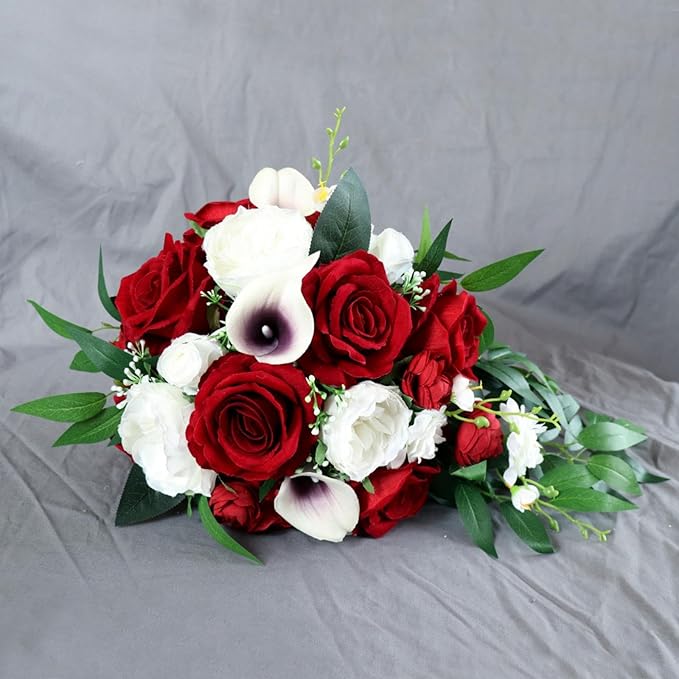 Wedding Bouquet for Bride, White and Wine Red Water Drop Bridal Bouquet Artificial Flowers Roses Cascading Wedding Bouquet for Ceremony Anniversary Party Bridal Shower Wedding Decoration