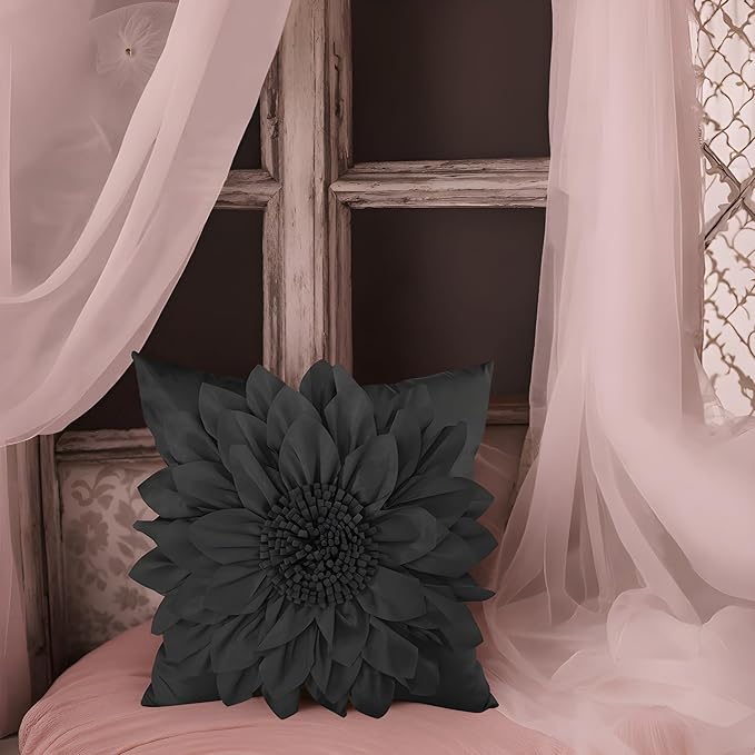 Bella's Giftshop Black Decorative Throw Pillow Covers 18x18 Inch for Bed Sofa Couch, Handmade 3D Accent Sunflower Floral Pillowcase, Living Room Decor