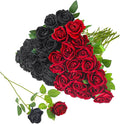 36 Pcs Silk Black Red Rose Bouquet Bridal Artificial Flowers,Fake Rose Long Stem Realistic Artificial Flowers Bulk for Wedding Bouquet Ball Arrangement Centerpiece Party Decor