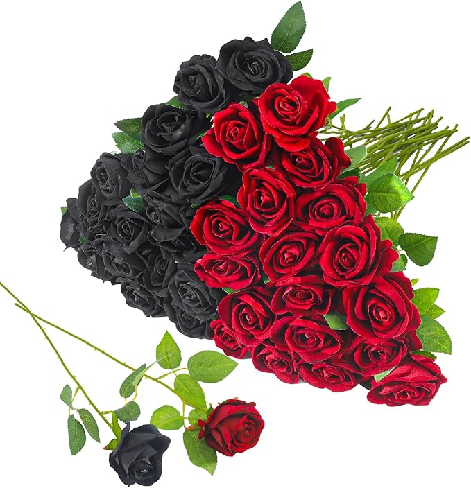 36 Pcs Silk Black Red Rose Bouquet Bridal Artificial Flowers,Fake Rose Long Stem Realistic Artificial Flowers Bulk for Wedding Bouquet Ball Arrangement Centerpiece Party Decor