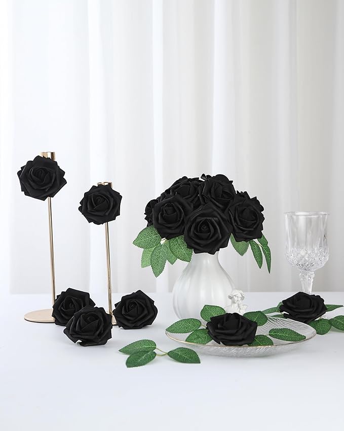 DuHouse 50Pcs Artificial Roses Flowers Fake Roses with Stems Real Touch Foam Flowers for DIY Wedding Bouquet Baby Shower Centerpiece Floral Arrangement Party Home Decor(Black)