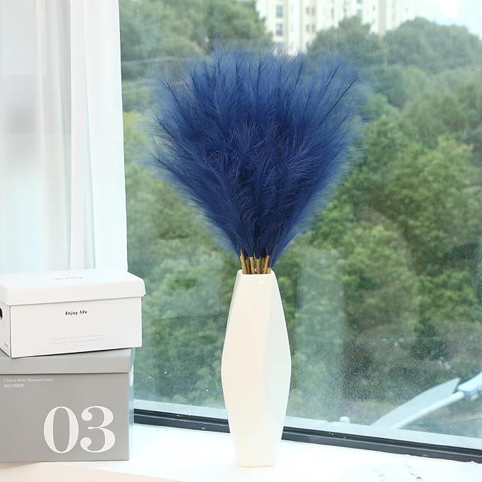 9 Stems Blue Pampas Grass - 38 Inch Tall Faux Pompous Grass Decor, Long Artificial Pompas Floral Branches for Vase Filler, Wedding Flower Arrangement and Home Decor (Blue)
