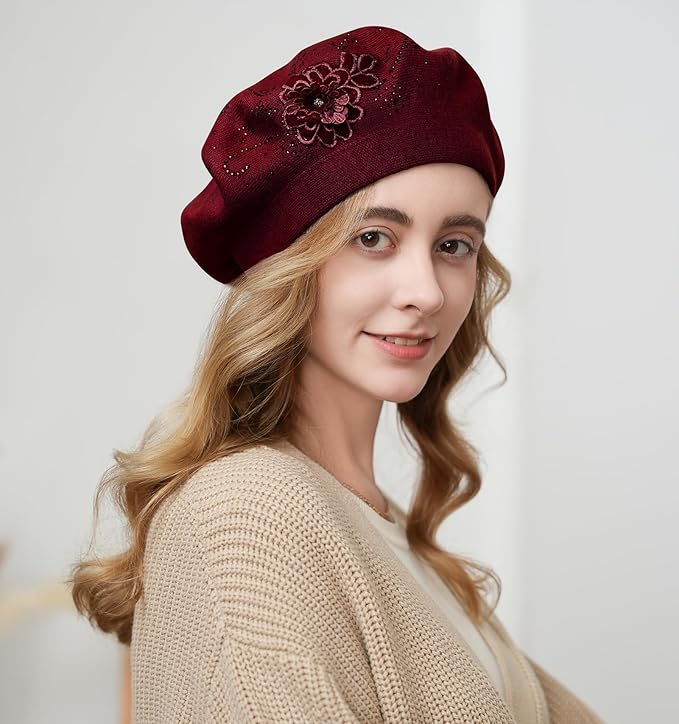 Flower Embroidery Beret Hat for Women, French Style Knitted Beret Hats, Stylish Solid Color Beret Cap for Women Girls Lady