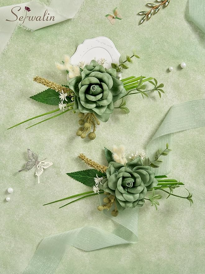 Serwalin Set of 2 Boutonniere for Men, 6-7inch Corsage Groom Groomsman Best Man Boutonnieres for Wedding Prom Ceremony Anniversary Party Cake Topper, Green