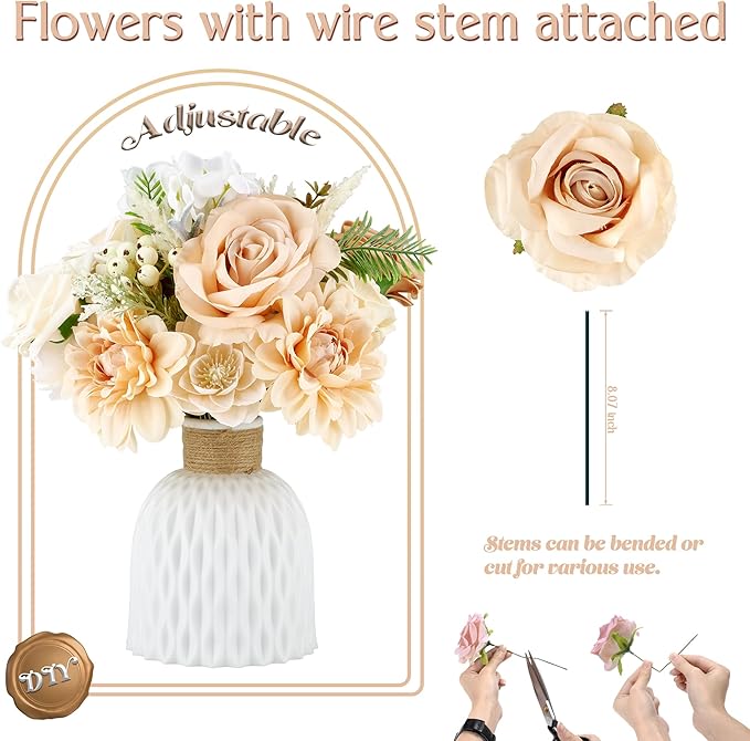 Artificial Flowers, Fake Flowers, Silk Flowers with Stem for DIY Nude Flower Box Wedding Bouquet Centerpieces Shower Party Floral Arrangement Décor