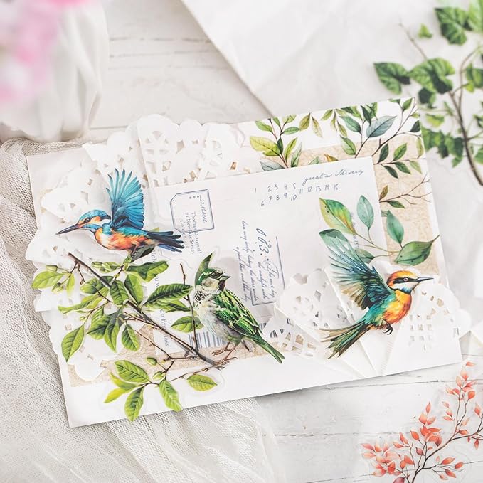 TIAMECH Flowers Birds Sing PET Stickers - 120 Pcs Feather Blossom Branch & Sparrow Pigeon Song Design, Waterproof Sticker for Journaling & Scrapbooking, Junk Journal Supplies, Ephemera & DIY Crafts