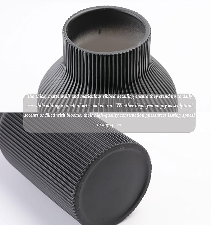 10 Inch Black Ceramic Vase for Decor,Minimalist Modern Home Decorative Large Flower Vase for Pampas Grass,Bookshelf, Living Room, Shelf, Bedroom, Bathroom, Entryway Mantel Decor