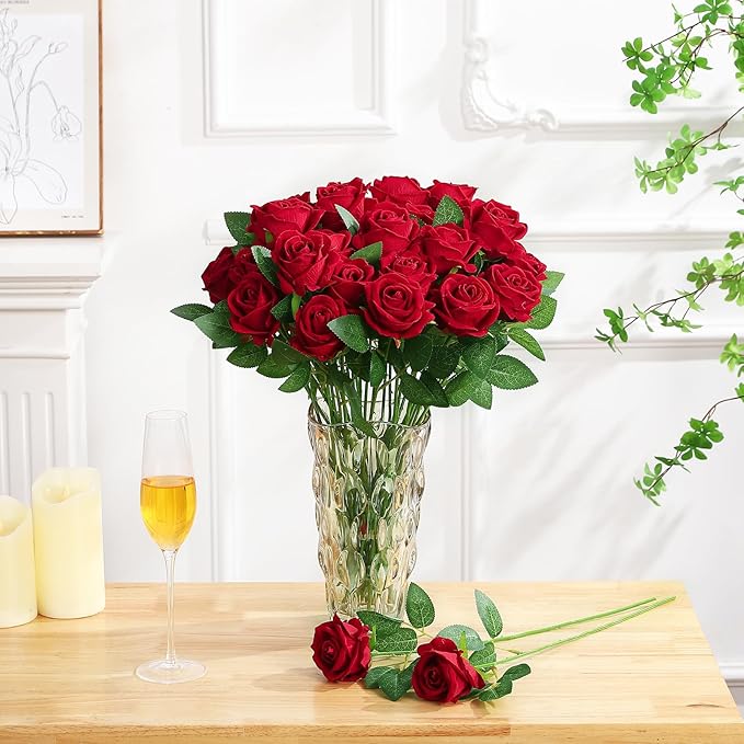 80 Pcs Roses Artificial Flowers, Silk Crimson Burgundy Artificial Flowers Petals Long Stem Roses for Wedding Bouquet Home Party Decor