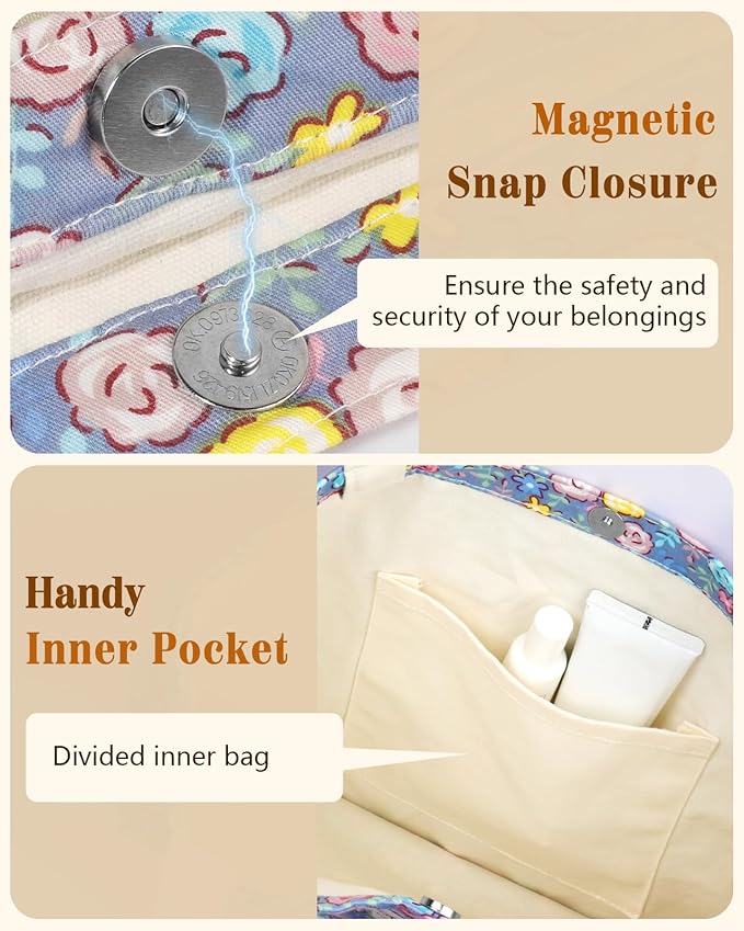 Aesthetic Cotton Tote Bag for Women - Reusable Shoulder Bag with Buckle Fabric Bag for Gym, Travel, Work