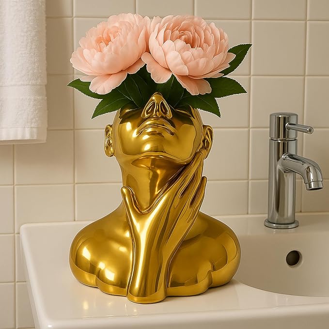 Face Vase Unique Ceramic Vase for Room,Office,Home Decor,Gold,Set