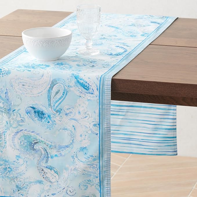 Maison d' Hermine Tablerunner 100% Combed Cotton Premium 14.50 Inch x 108 Inch Decorative Table Runner Table Runners, Dining, Buffet Party & Wedding, Paisley Blues (Double Layer)