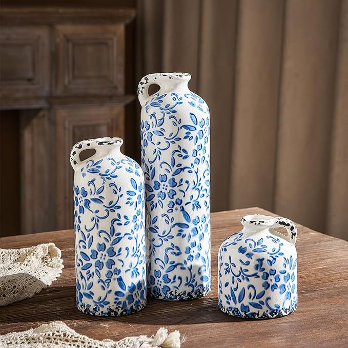 Ceramic Vase Set of 3, Vintage Blue and White Vase, Chinoiserie Floral Vases, Rustic Farmhouse Ceramic Vases for Home Decor, Blue Vase for Living Room, Kitchen Island, Bookshelf, Chinoiserie Decors