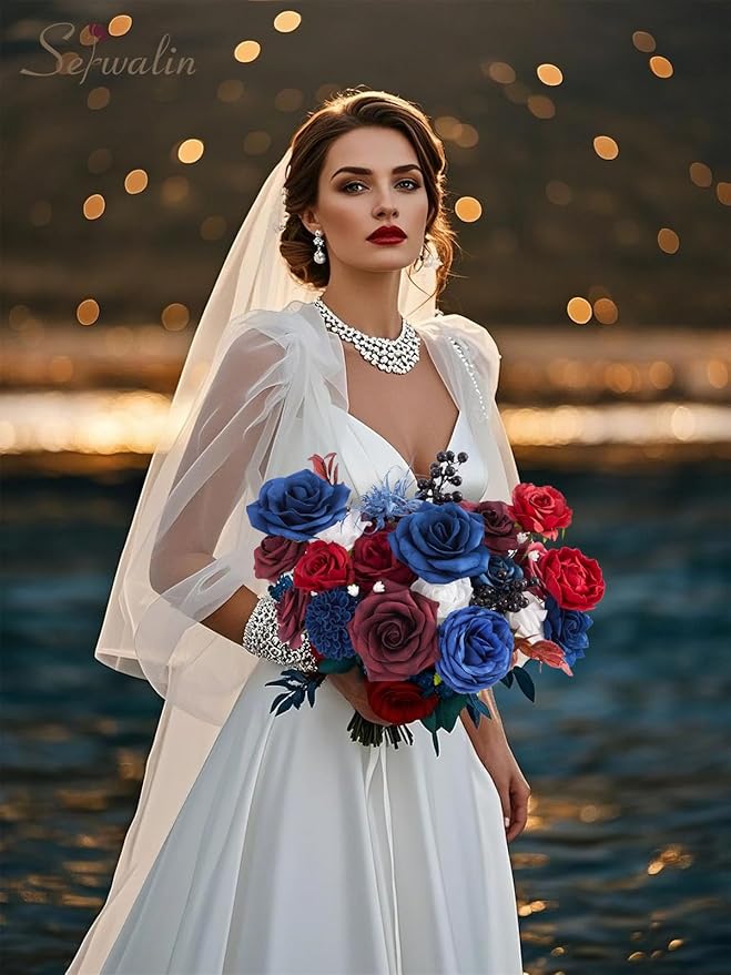 Serwalin Artificial Burgundy Flowers, Blue Fake Silk Flowers for DIY Wedding Bridal Bouquets, Cake Flowers for Table Centerpieces Baby Shower Birthday Party Home Decorations
