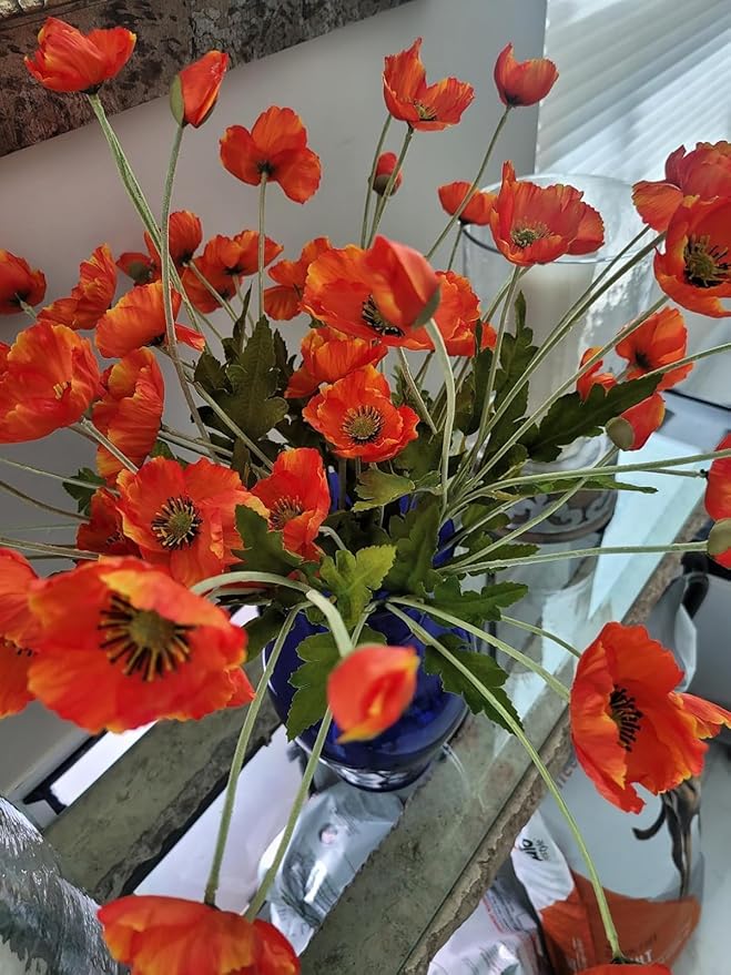 ATFL Orange and Red Poppy Flowers Artificial,12 Pcs Silk Fake Poppy Flowers,Faux Poppies Bulk for Home Decor Table Centerpieces Floral Arrangement,Poppies Bouquet for Wedding (23.5‘’, Orange-red)