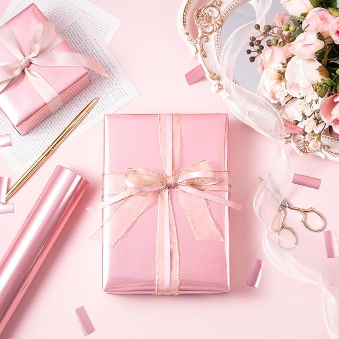 RUSPEPA Rose Gold Metallic Wrapping Paper, Mini Roll, Solid Color Paper Perfect for Wedding, Birthday, Valentine's Day, Baby Shower, Mother's Day, Bridal Shower, Anniversary, 17 Inches X 32.8 Feet