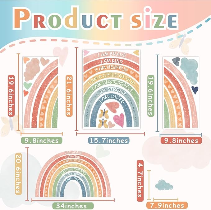 Large Rainbow Window Stickers Kids Inspirational Window Decals Peel and Stick Double Sided Rainbow Window Clings Anti Collision Motivational Window Decals for Nursery Playroom Classroom Bedroom Decor