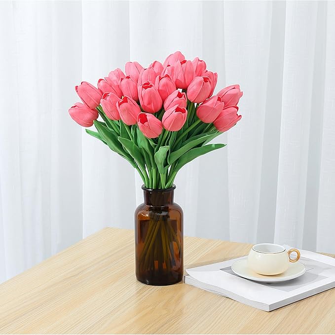 SITUMEIZI 15pcs Tulips Fake Pink Artificial Flowers Real Touch 14" Silk Flower for Home Decor Spring Easter Wedding Bouquet Decorations Valentine's Day Gifts(Fluorescent Pink)
