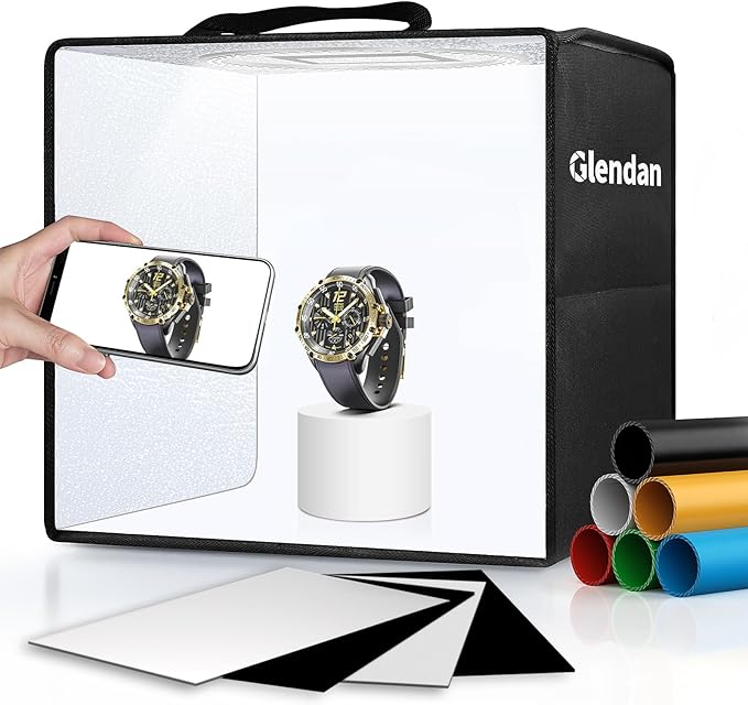 Glendan Light Box Photography, 10"x10" Photo Box with 88 High Color Rendering Index LED Lights, 6 Color PVC Backdrops, 4 Reflection Boards and 1 Diffuser for Jewelry and Small Item Product Photography